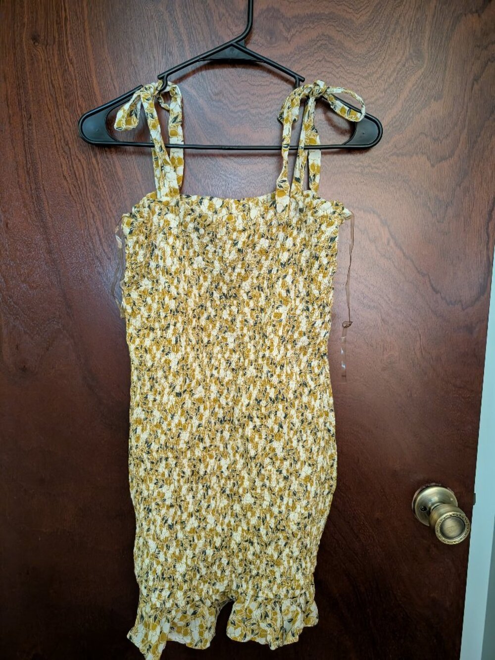 Entro Yellow Floral Smocked Bodycon Dress - Tie Straps - Size Medium
